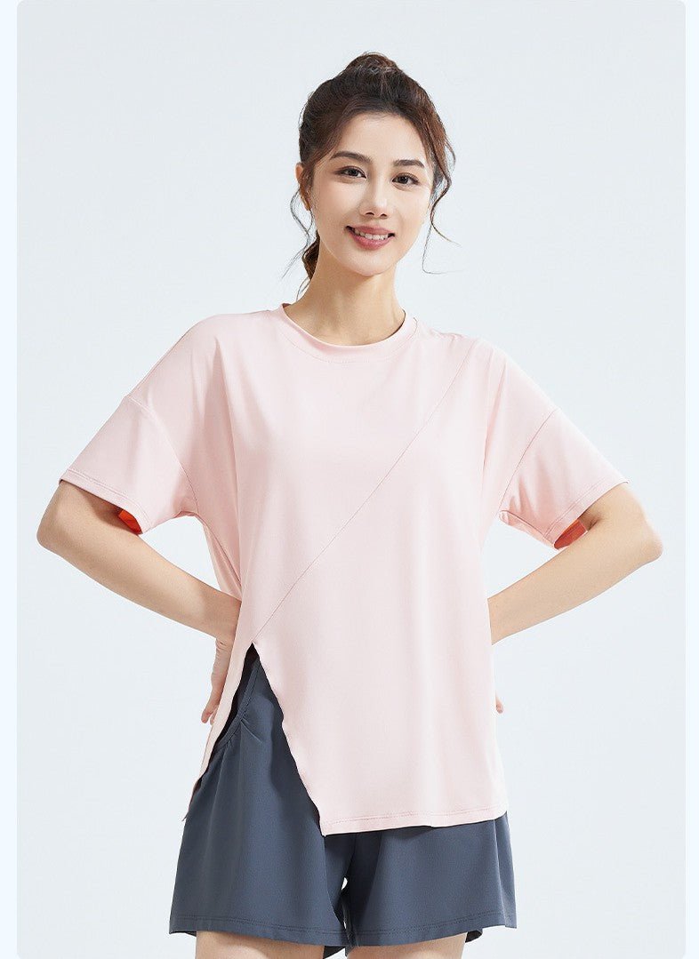 Short - Sleeve Loose Fit Split Hem Yoga T-Shirt – Breathable Ice Silk Sports Top for Running & Casual Wear - Women's Activewear by Ceecile